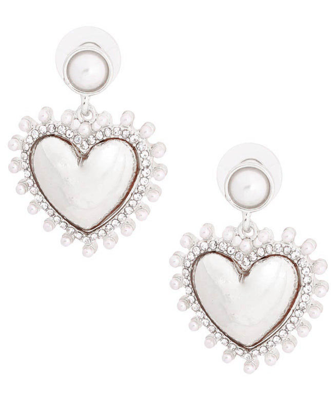 White Pearl and Silver Heart Earrings