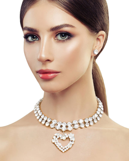 Silver Crystal 2 Row Heart Choker Set