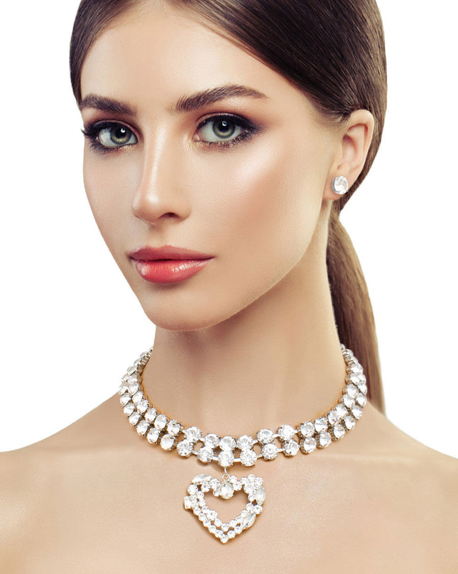 Silver Crystal 2 Row Heart Choker Set