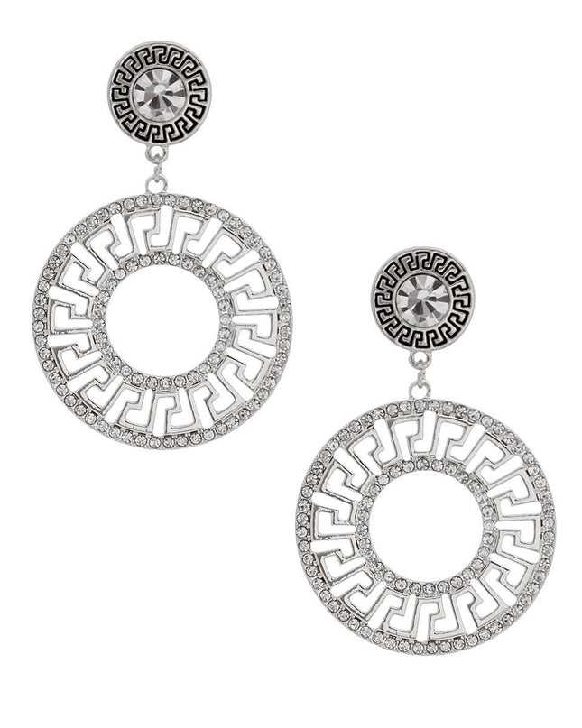 Silver Rhinestone Round Greek Key Earrings