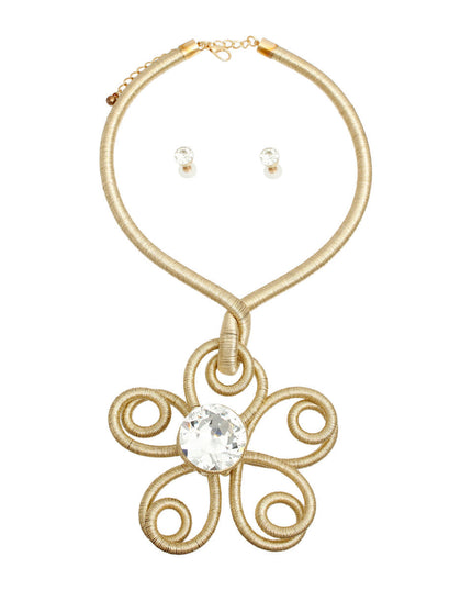 Gold Metallic Cord Flower Drop Necklace