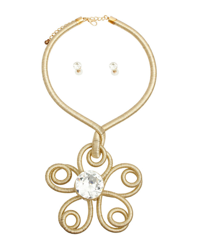 Gold Metallic Cord Flower Drop Necklace