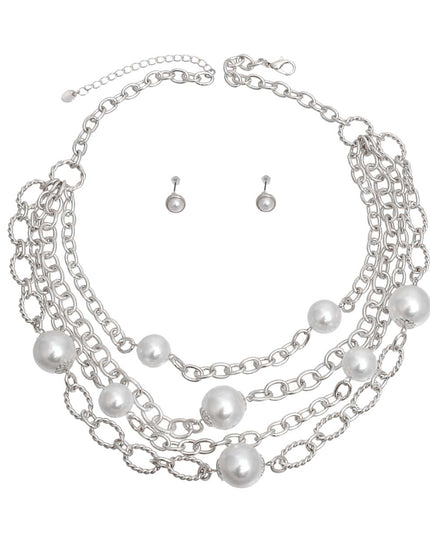 White Pearl 4 Layer Chain Link Necklace