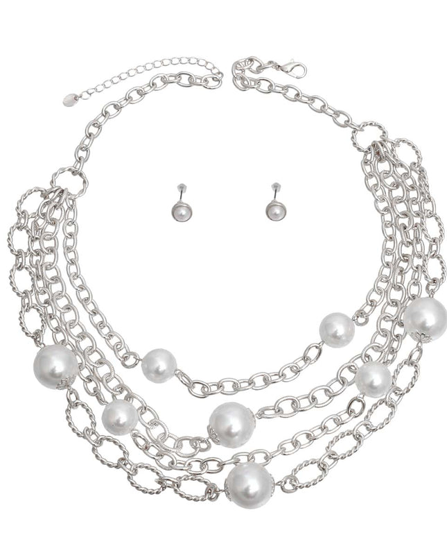 White Pearl 4 Layer Chain Link Necklace