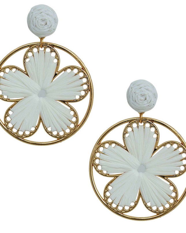 White Raffia Flower Round Earrings