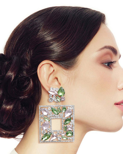 Light Pink Green Glass Crystal Square Earrings