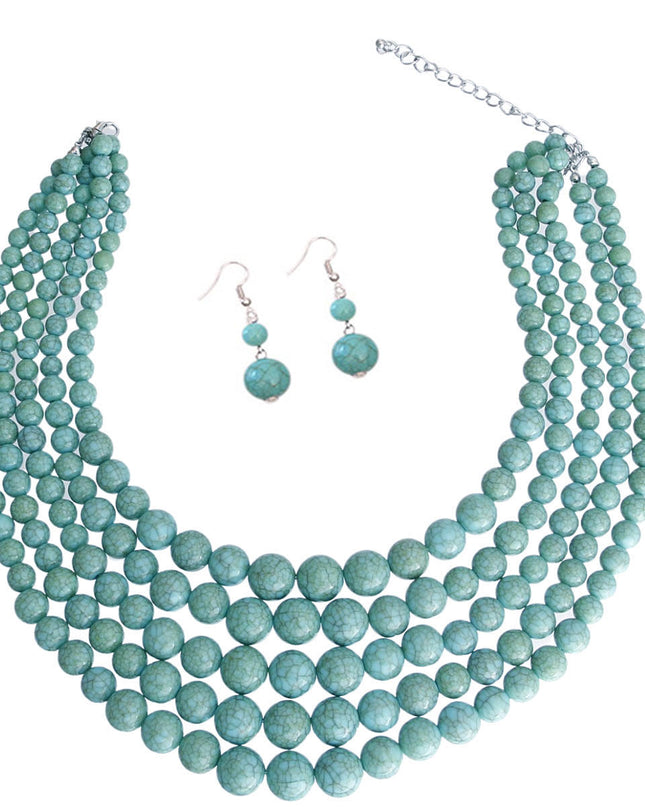 Turquoise Cracked Pearl Multi Strand Necklace Set
