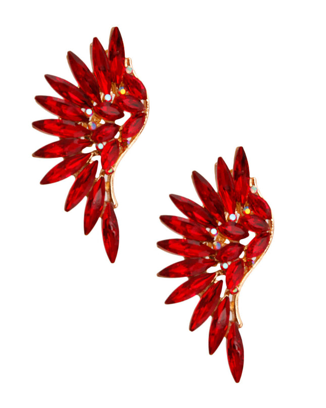 Red Rhinestone Wing Clip On Earrings