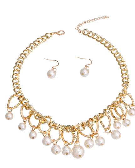 Gold Textured Link Pearl Drop Set