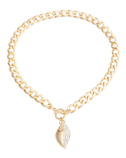 Gold Curved Oval Pave Charm Necklace