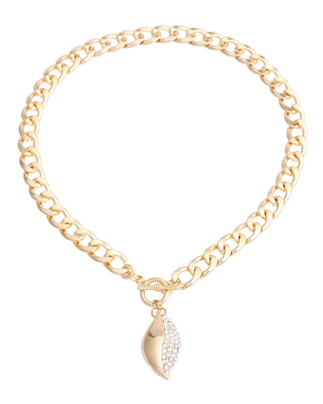 Gold Curved Oval Pave Charm Necklace