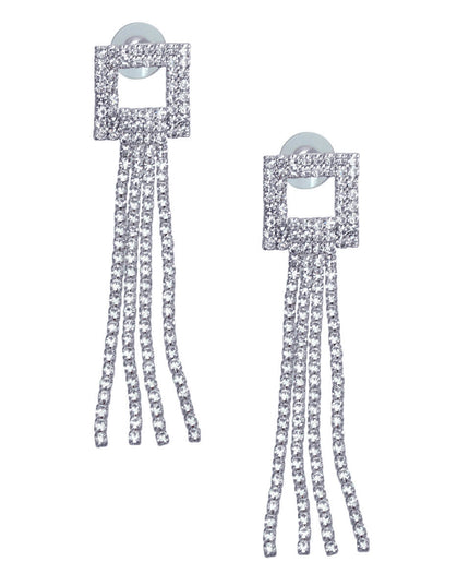 Silver Square Rhinestone Fringe Earrings