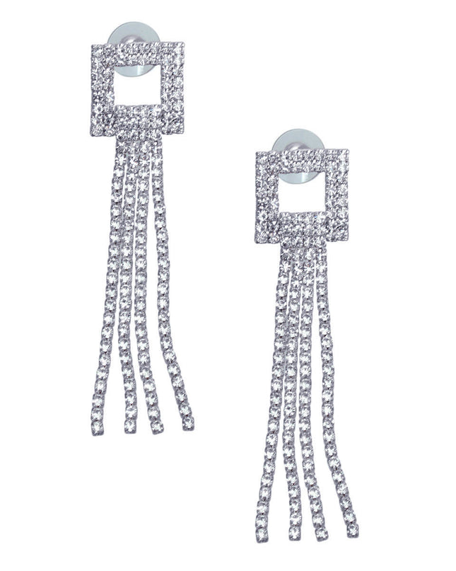 Silver Square Rhinestone Fringe Earrings