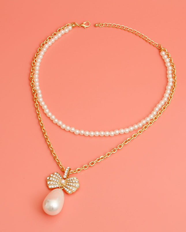 Double Layer Pearl Bow Gold Necklace
