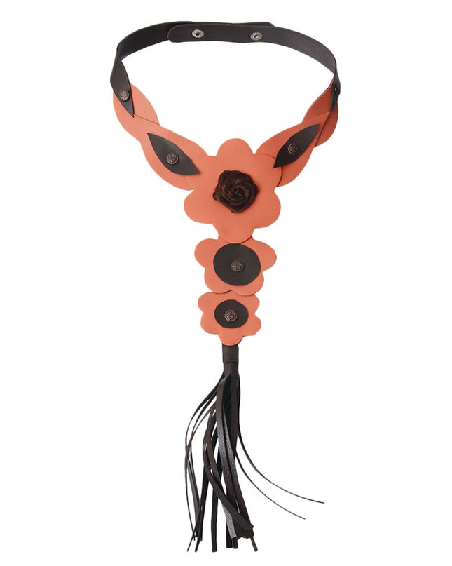 Coral Coral Leather Rose and Tassel Choker Necklace