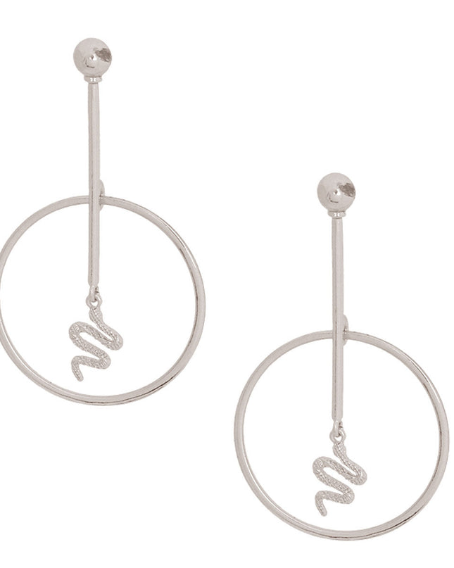 Silver Bar Round Snake Charm Earrings