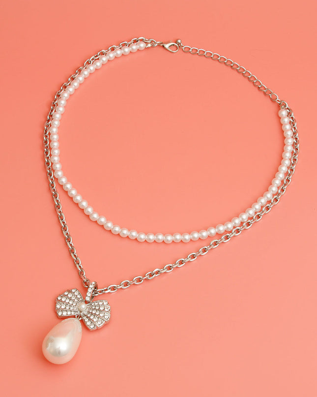 Double Layer Pearl Bow Silver Necklace