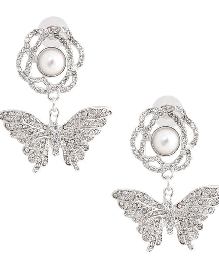 Silver Rose Butterfly Rhinestone Earrings