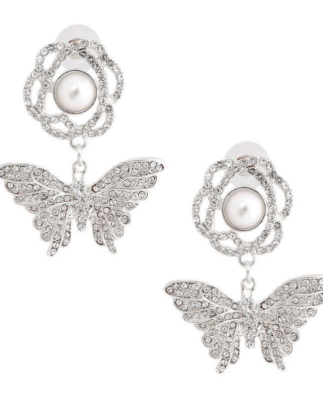 Silver Rose Butterfly Rhinestone Earrings
