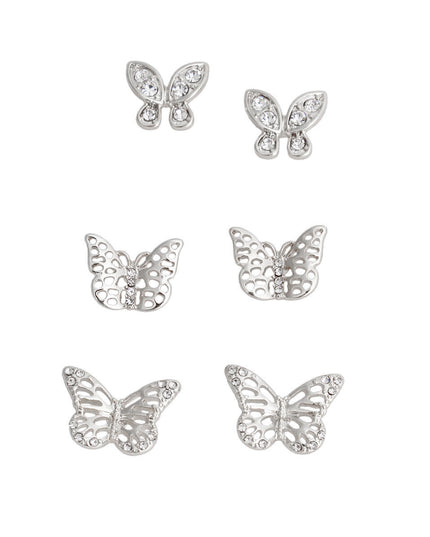 Silver 3 Pcs Butterfly Stud Set