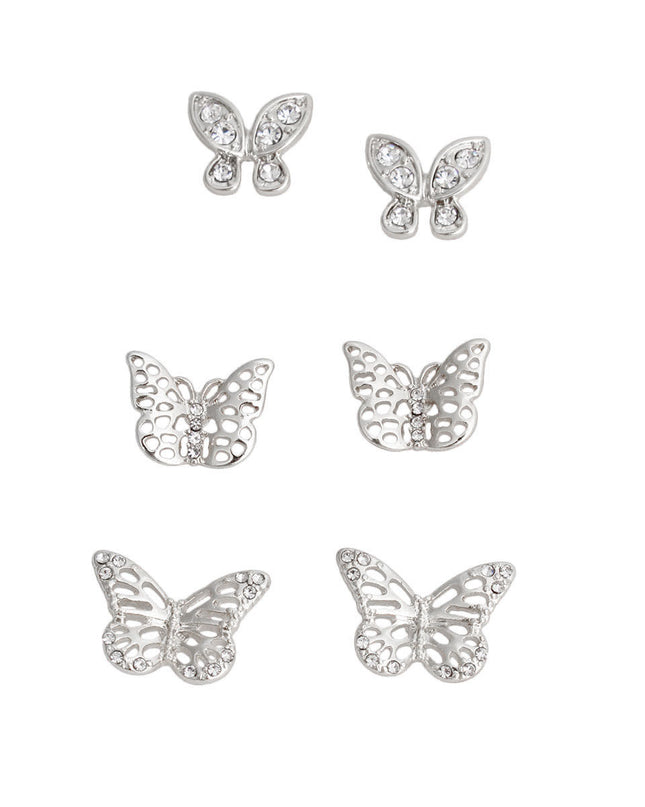 Silver 3 Pcs Butterfly Stud Set