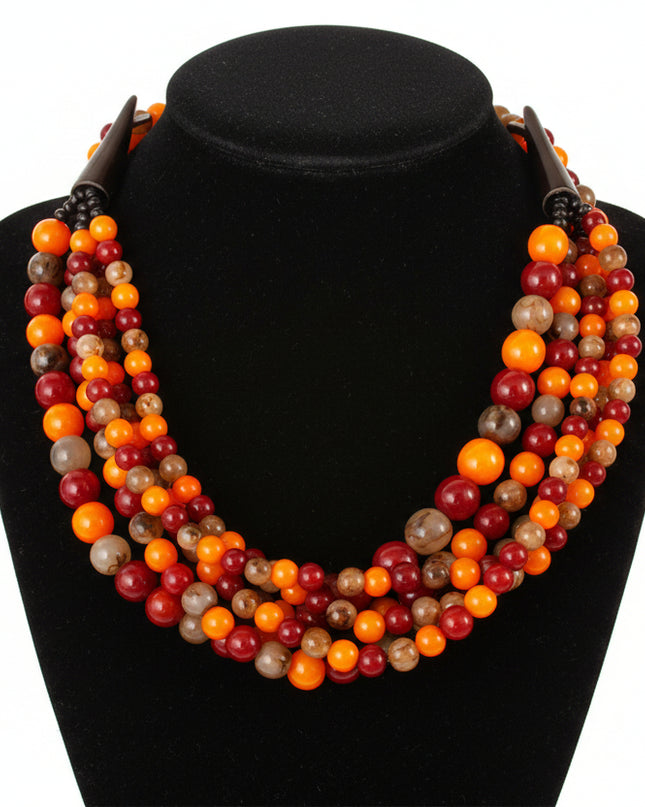 Layered Burgundy, Gray, and Orange Ball Bead Multi-Strand Necklace Featuring Natural Buffalo Horn Hook Closure. Handcrafted. Fair Trade. Exclusive.