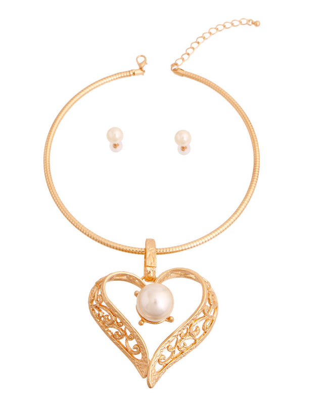 Gold Filigree Heart Pearl Necklace