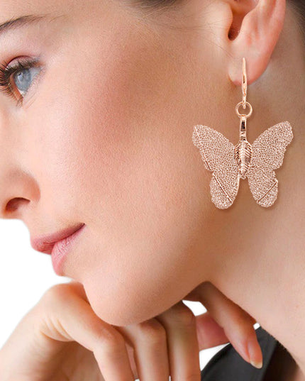 Rose Gold Dipped Real Leaf Butterfly Earrings