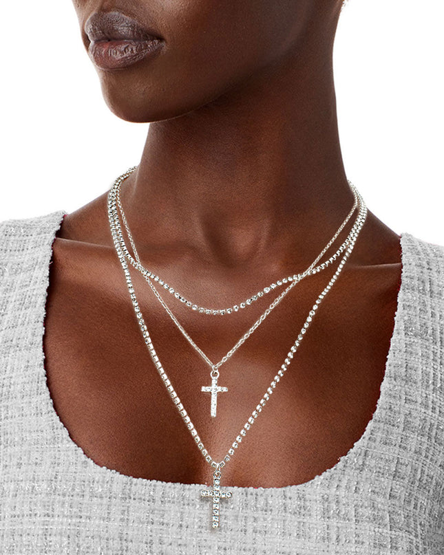 Triple Layer silver Rhinestone Cross Necklaces