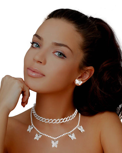 Silver Rhinestone Butterfly Charm Chain 2Pc Set