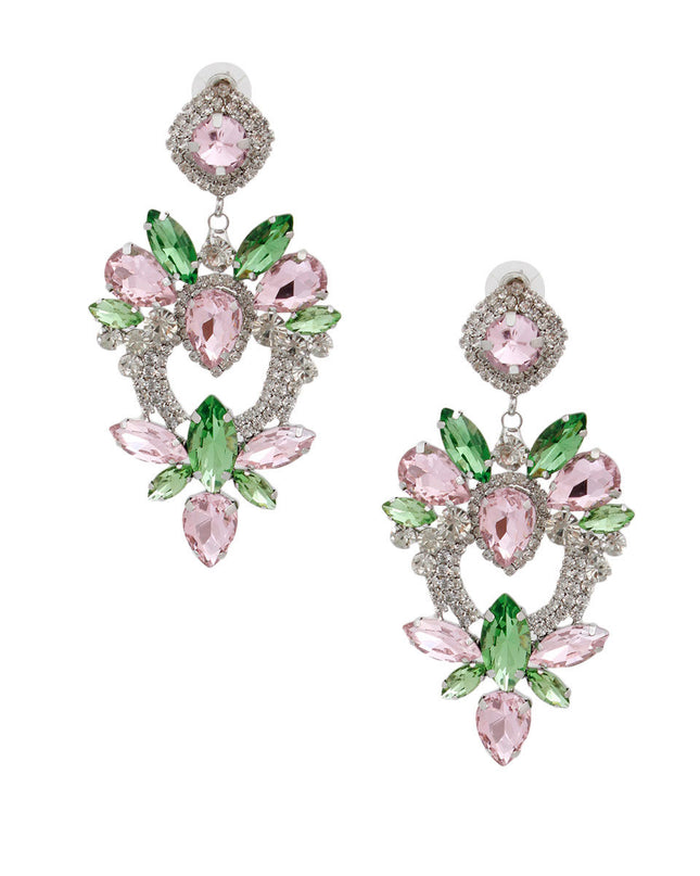 Light Pink Green Glass Crystal Heart Earrings