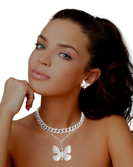 Silver Iced Cuban Butterfly Pendant 2Pc Set