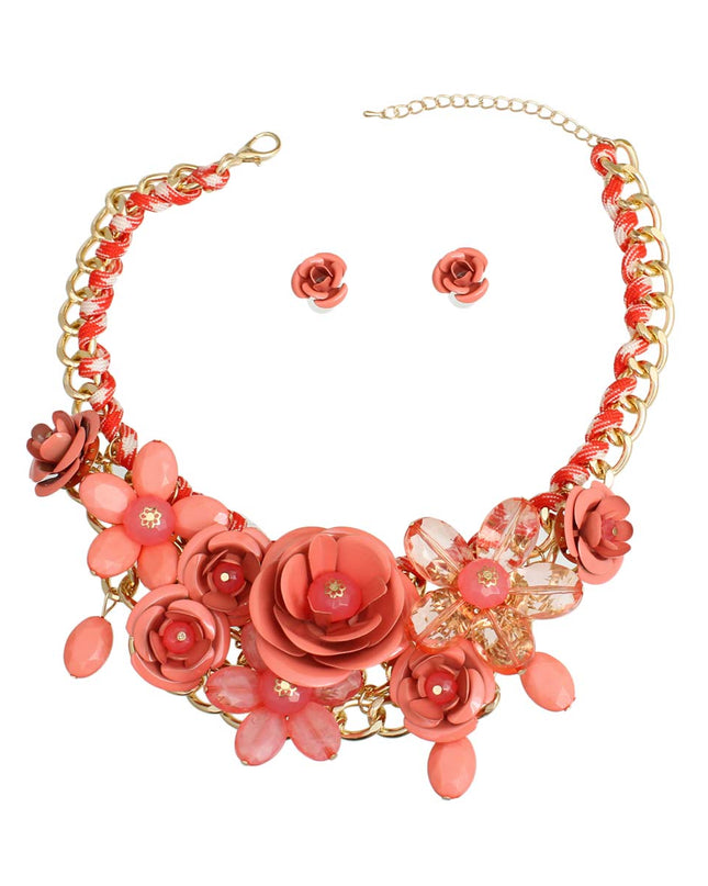 Dark Coral Rose Collar Necklace Set