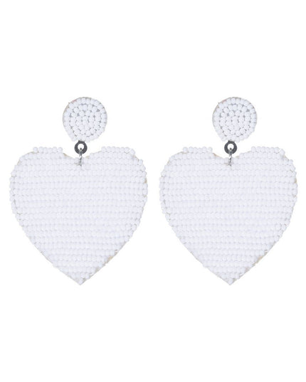 White Seed Bead Heart Earrings