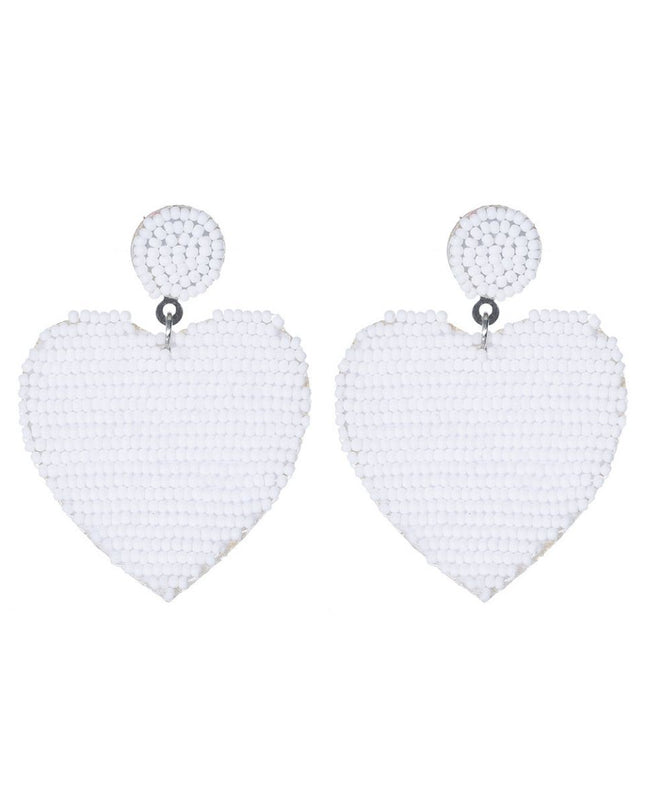 White Seed Bead Heart Earrings