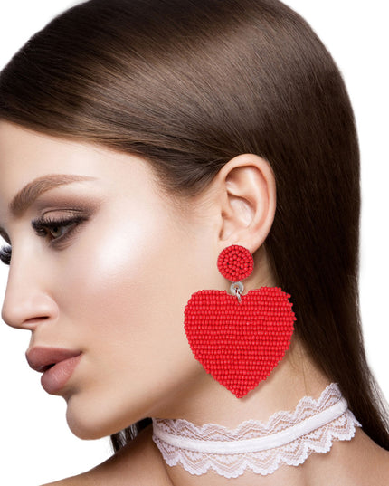 Red Seed Bead Heart Earrings