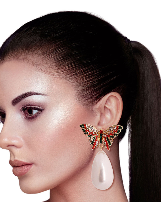 Red and Green Butterfly Pearl Earrings