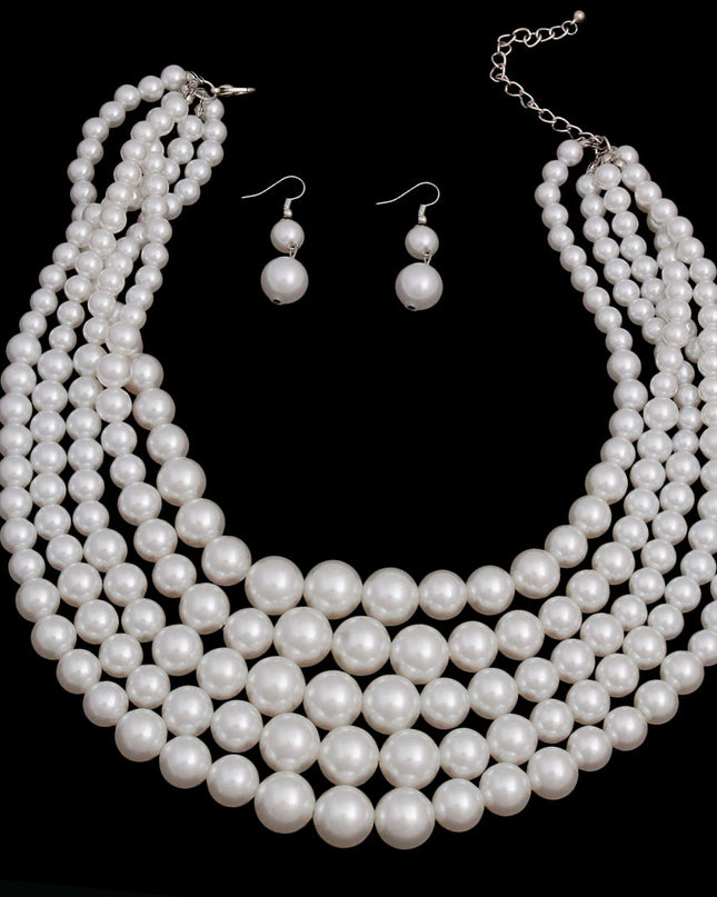 White Multi Strand Pearl Necklace Set