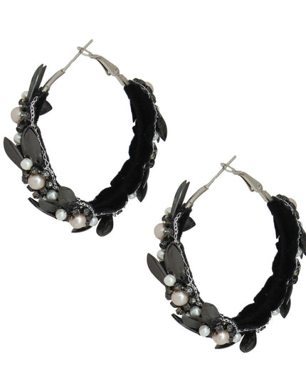 Pearl and Black Leaf Hoop Earrings