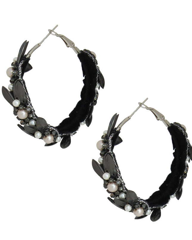 Pearl and Black Leaf Hoop Earrings