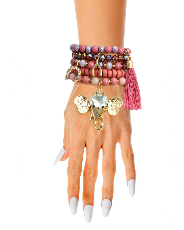 Mauve Bead Elephant Charm Bracelets