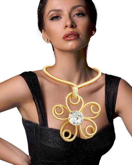 Gold Metallic Cord Flower Drop Necklace