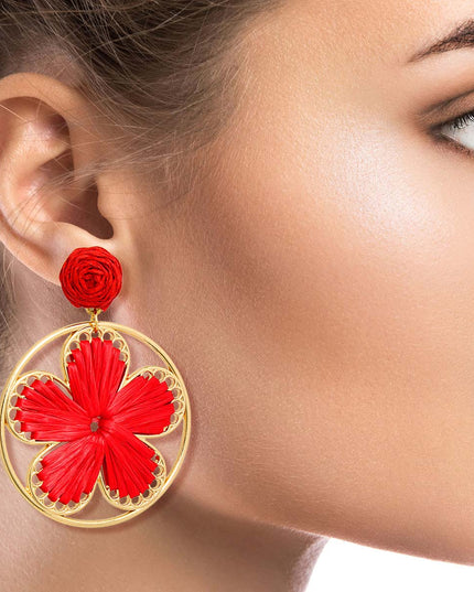 Red Raffia Flower Round Earrings