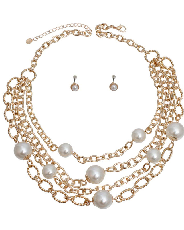 Cream Pearl 4 Layer Chain Link Necklace