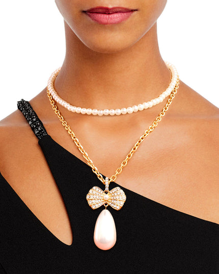 Double Layer Pearl Bow Gold Necklace