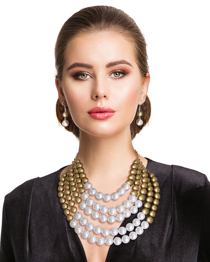 Matte Gold and White Pearl 5 Row Necklace