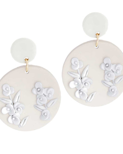 White Tan Clay Round Flower Bridal Earrings