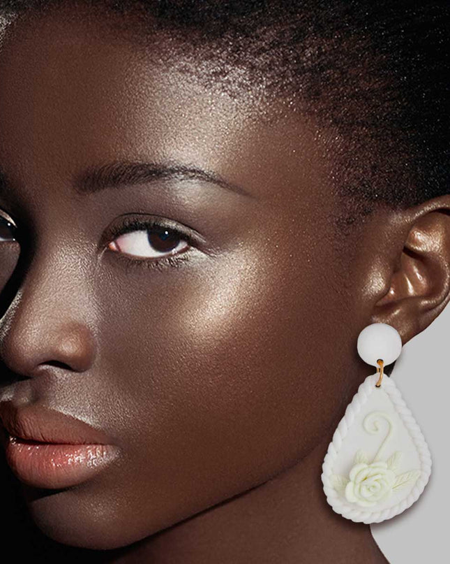 White Ivory Clay Teardrop Flower Bridal Earrings
