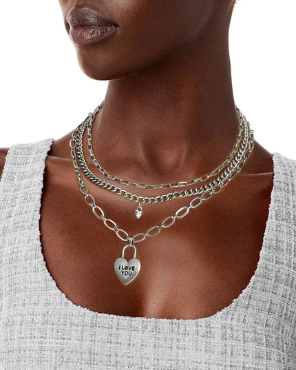 Silver 3 Layer Chain Locked Heart Necklace