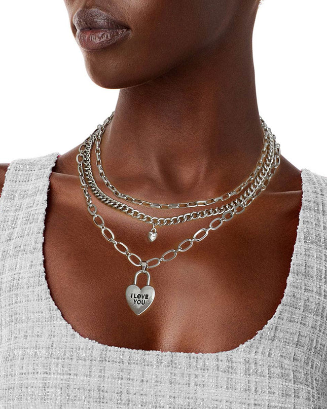 Silver 3 Layer Chain Locked Heart Necklace